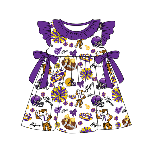 Baby Girl Short Sleeves Tiger Cheer Football Purple Bows Knee Length Dress ( Moq 5 )