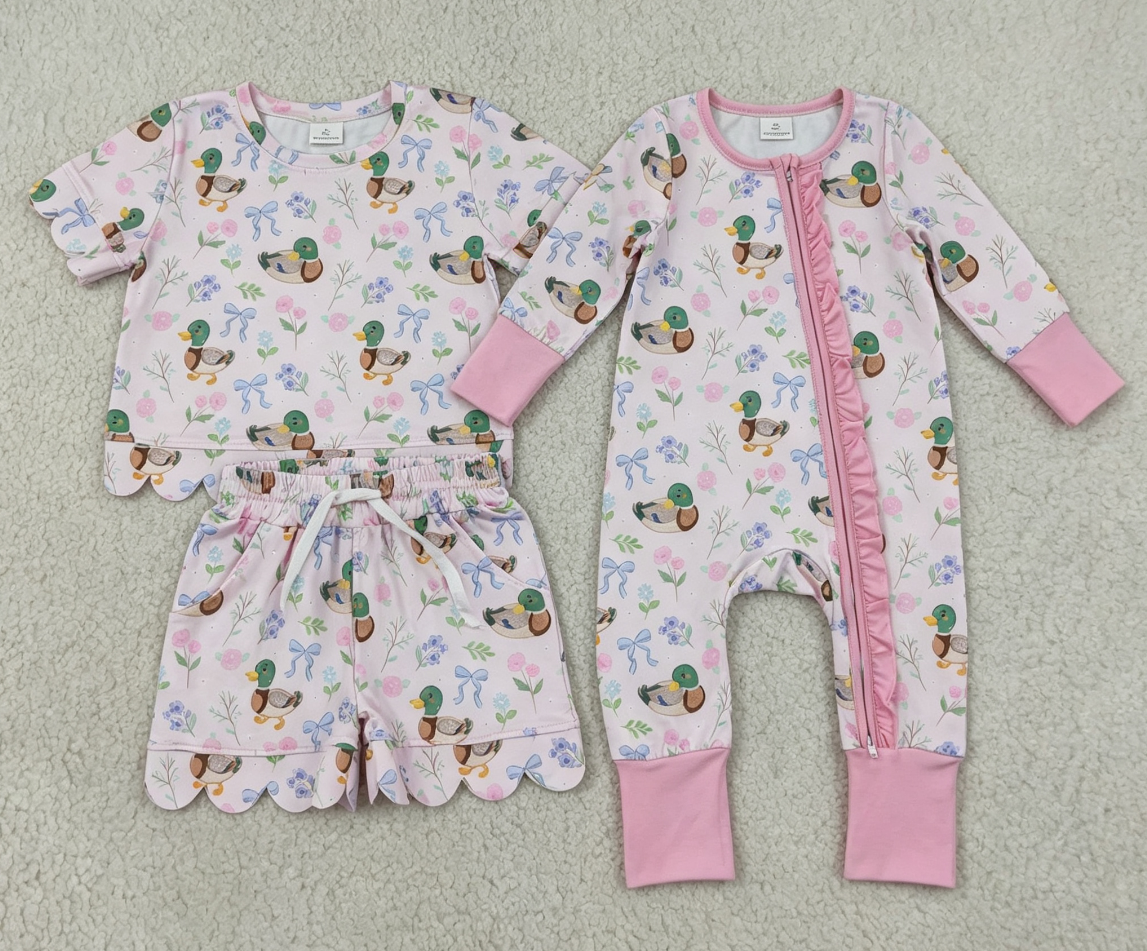 Sibling Baby Girls Kids Ducks Flower Bows Zipper Romper Pockets Set Clothes RTS