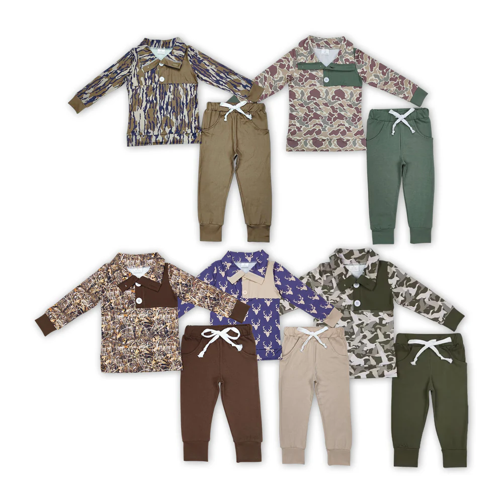 Baby Boy Long Sleeves Camo Buttons Pullover Shirt Pocket Cotton Pants Sibling Brother Clothes Set