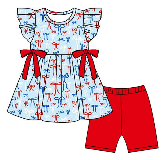 ( Moq 5 ) Baby Girls Toddler Short Sleeves Red Blue Bows Tops Red Shorts 4th of July Set