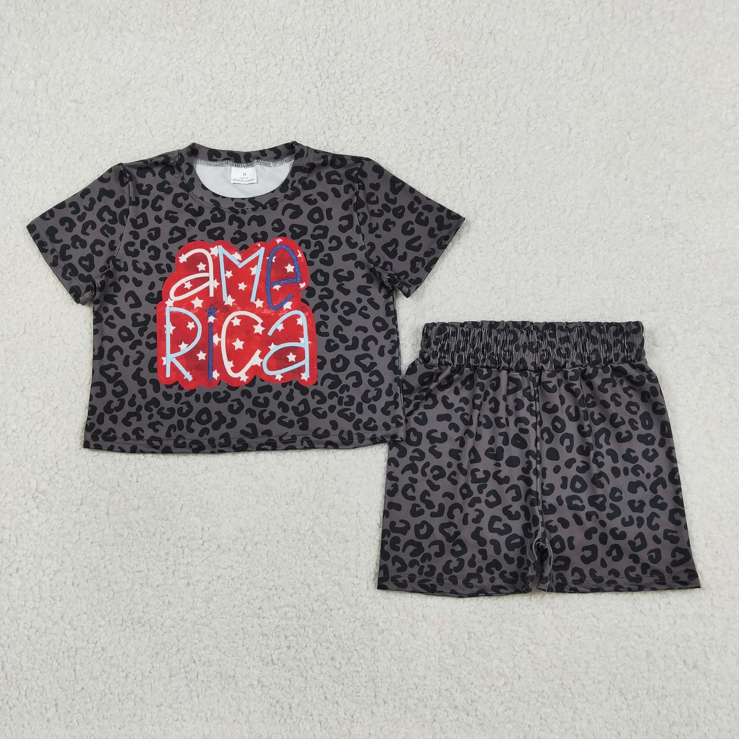 Baby Girls Kids Short Sleeves Black Leopard Tops Shorts 4th Of July Set Clothes RTS