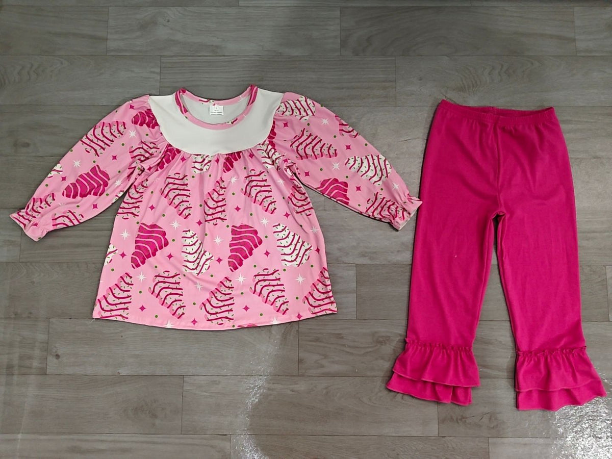 ( No moq ) Preorder Baby Girl Long Sleeves Cake Trees Tunic Pink Ruffle Pants Christmas Set