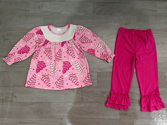 ( No moq ) Preorder Baby Girl Long Sleeves Cake Trees Tunic Pink Ruffle Pants Christmas Set