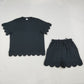 Adult Women Black Short Sleeves Shirt Scallop Shorts Pajamas Clothes Set RTS