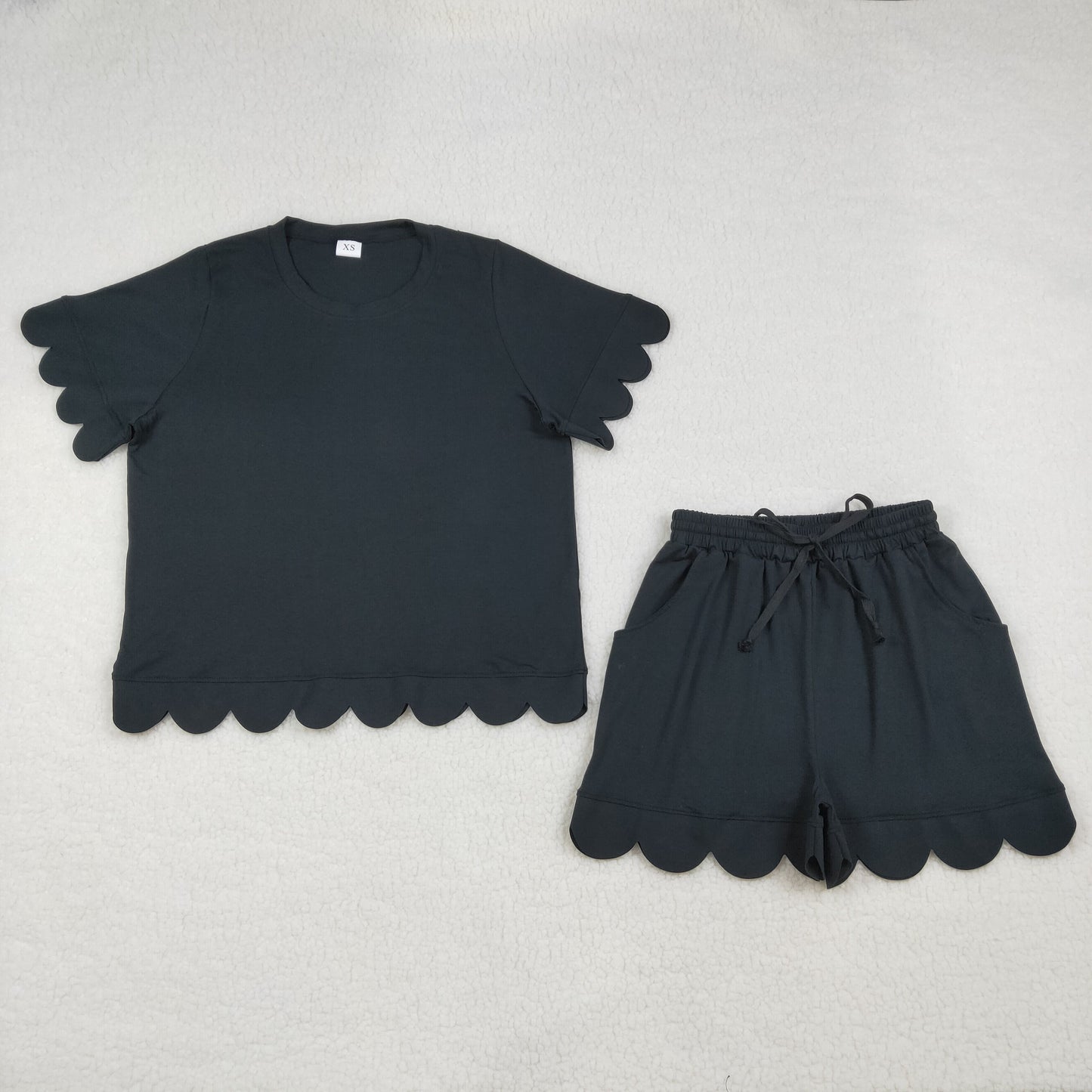 Adult Women Black Short Sleeves Shirt Scallop Shorts Pajamas Clothes Set RTS