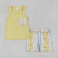 Baby Girl Sleeveless Pocket Bow Yellow Vest Shirt Flower Shorts Clothes Set RTS