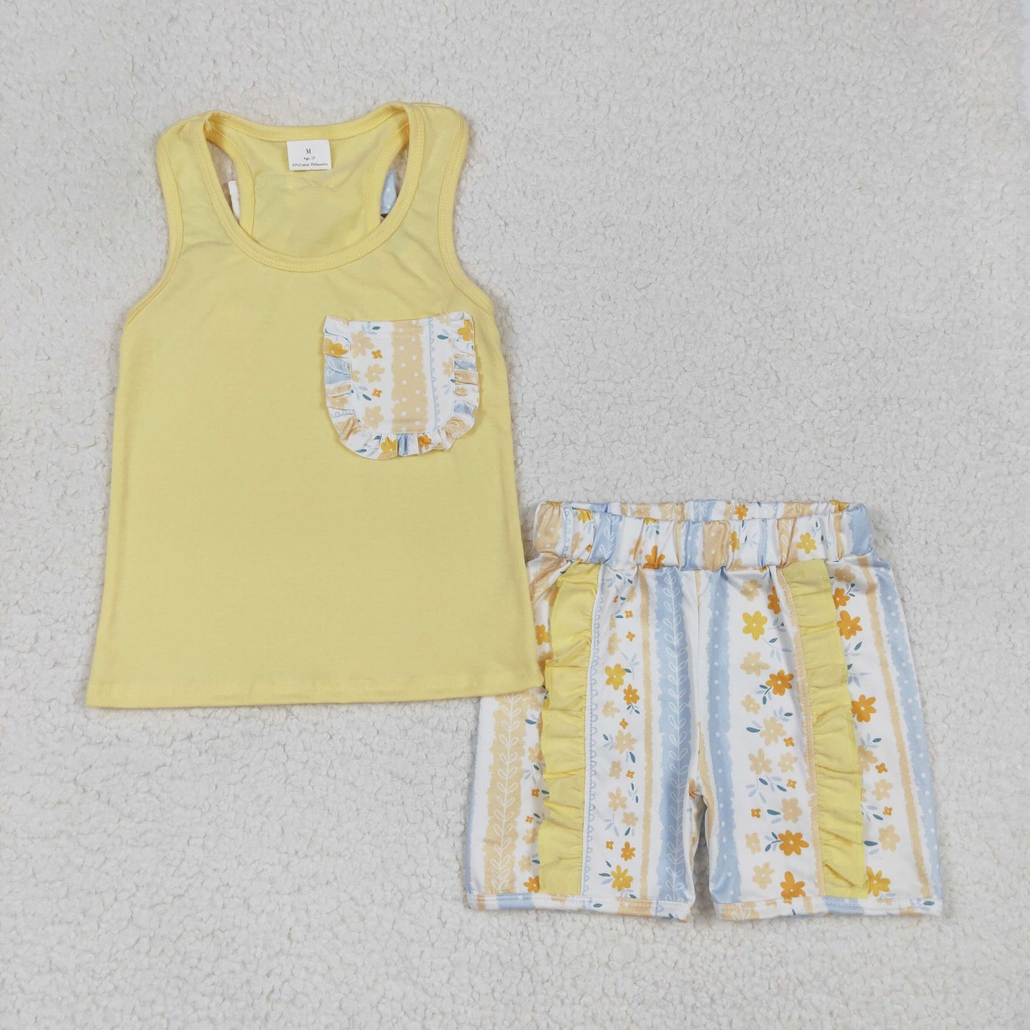 Baby Girl Sleeveless Pocket Bow Yellow Vest Shirt Flower Shorts Clothes Set RTS