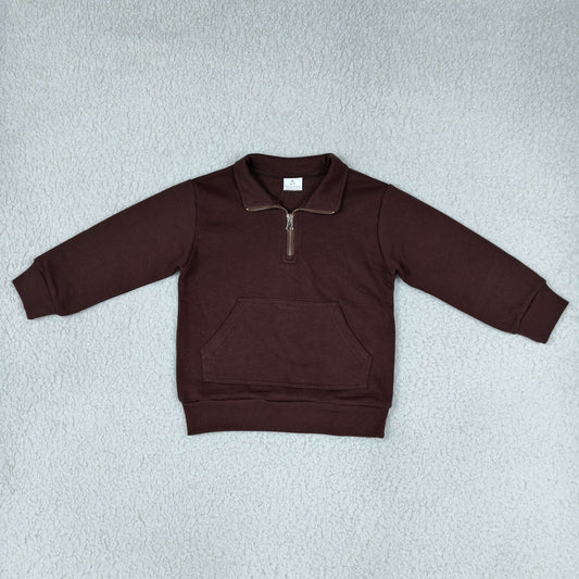 Baby Toddler Kids Dark Brown Pullover Zipper Pocket Shirt  Sweatshirt Cotton Clothes RTS
