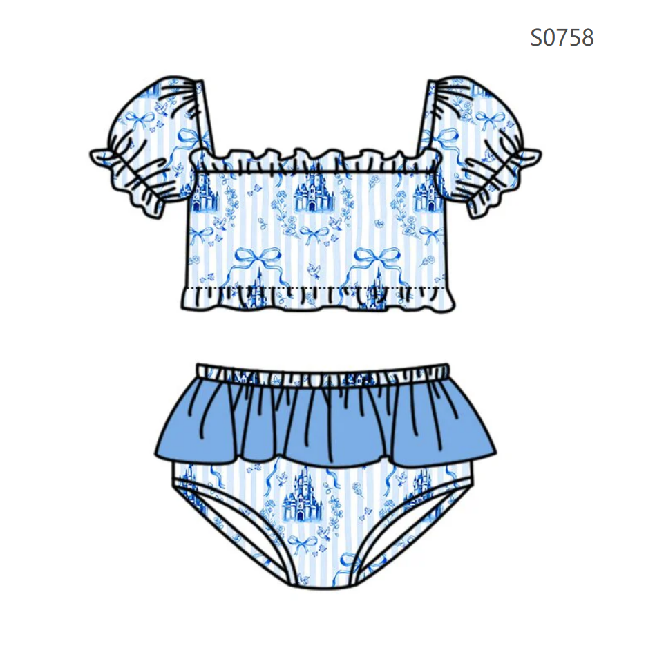 ( Moq 5 ) Preorder Baby Girls Kids Short Sleeves Castles Bows Tops Brown Ruffle Shorts Set Swimsuit