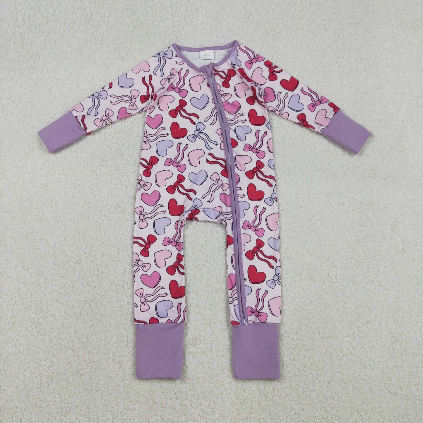 Baby Girls Long Sleevses Hearts Bows Valentine Purple Zipper Sleeper Romper RTS
