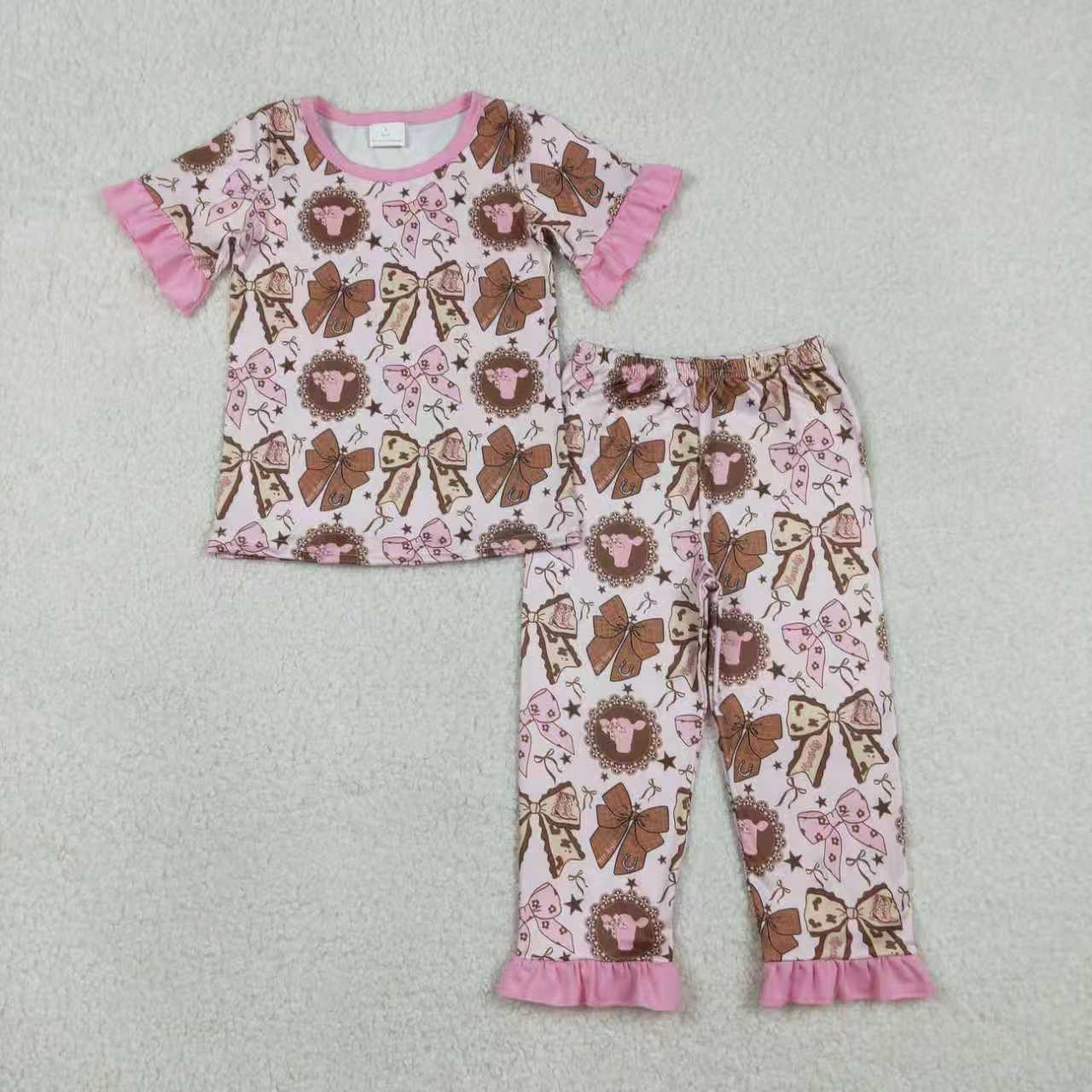 Sibling Baby Girls Bows Highland Cows Ruffle Pants Western Pajamas Set Ruffle Dress Zipper Romper