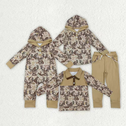 Sibling Boys Kids Long Sleeves Camo Deer Hoodie Hunting Buttons Romper Set RTS