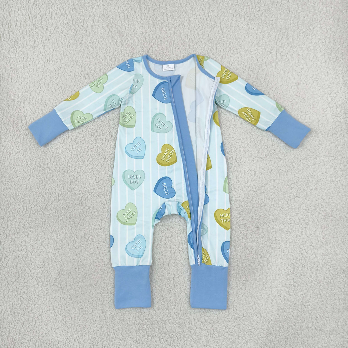 Sibling Baby Boys Girls Kids Long Sleeves Valentine Hearts Stripes Zipper Rompers Set Clothes RTS