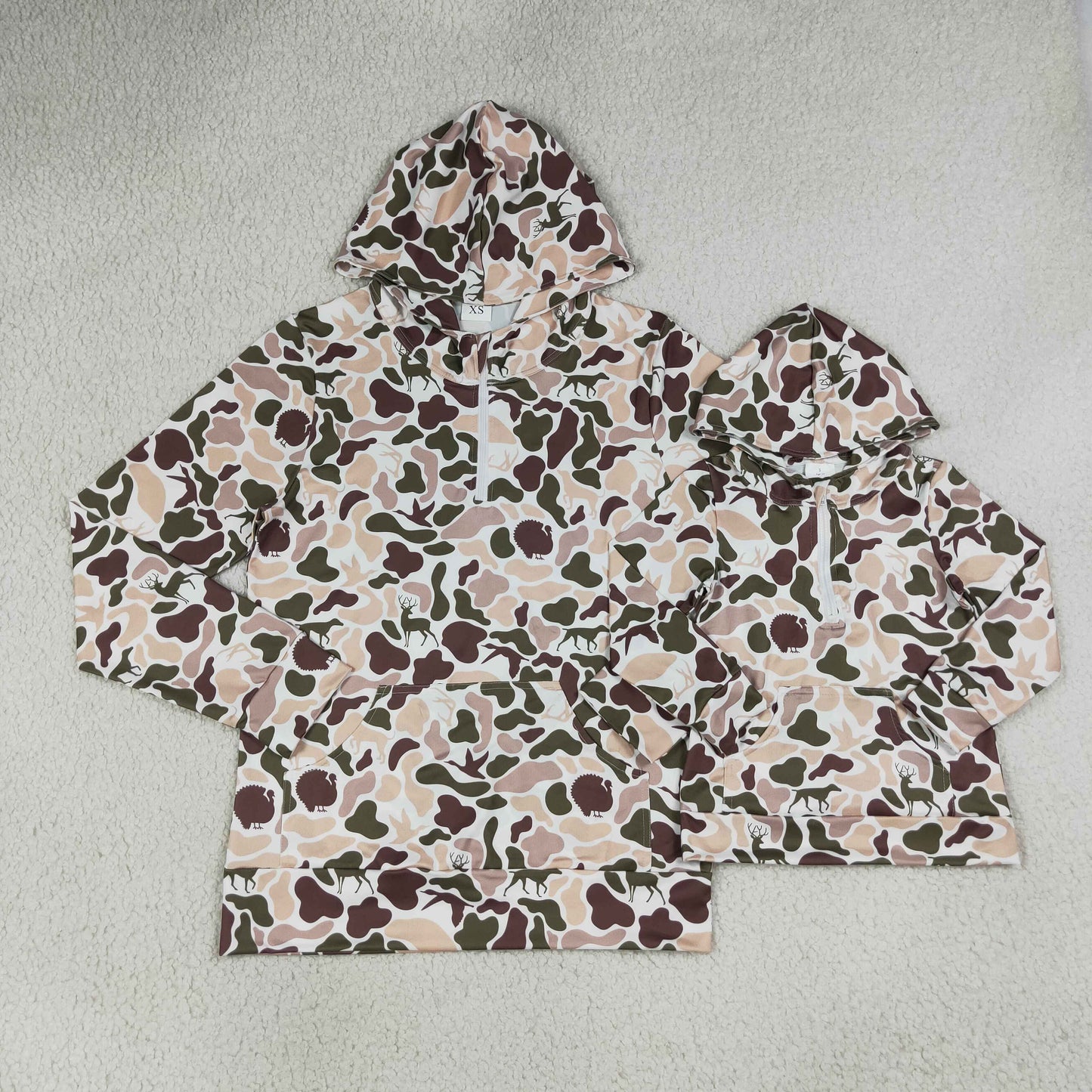 Sibling Baby Boys Adult Woman Ducks Dogs Camo Zipper Hoodie Pockets Hunting Pullovers Shorts RTS