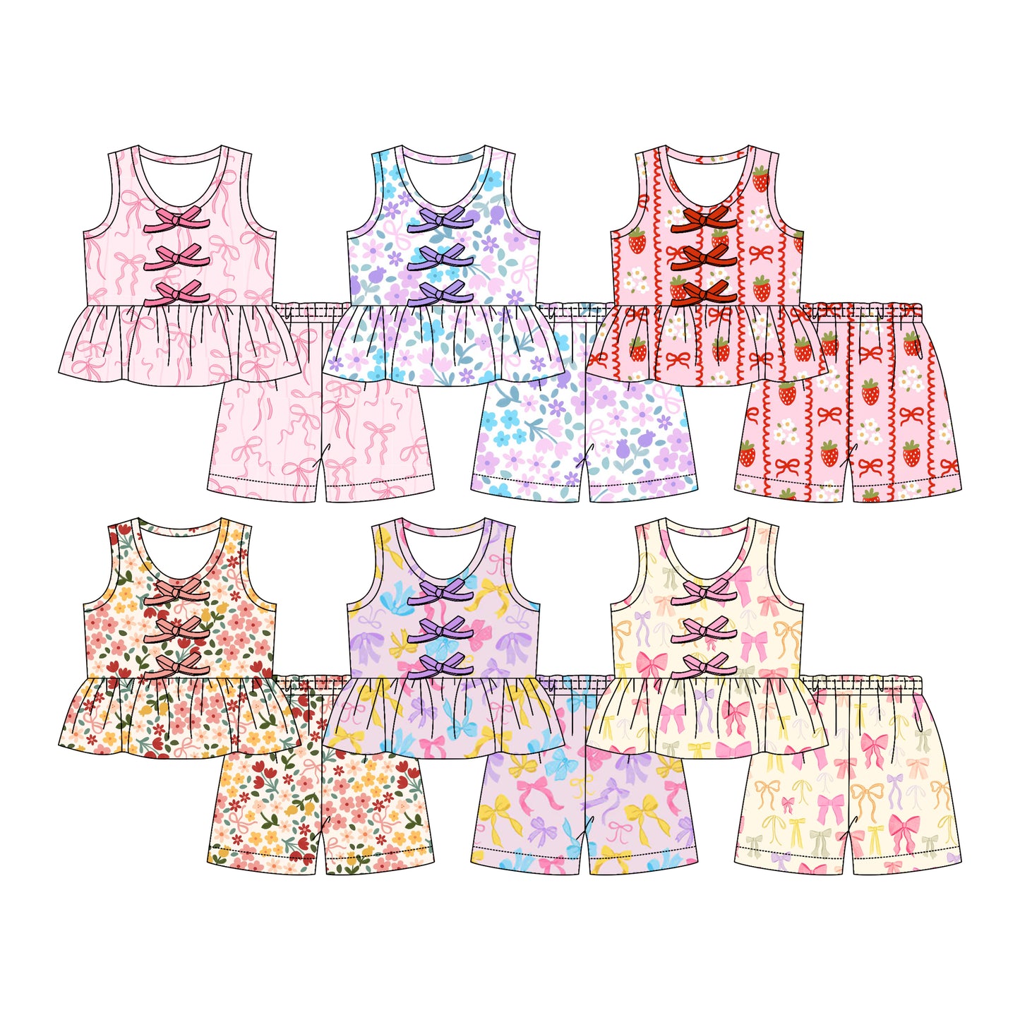( Moq 5 Each Style ) Sibling Baby Girls Kids Sleeveless Bows Flower Tops Shorts Sets Summer Clothes