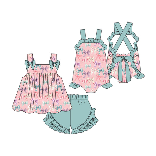 ( Moq 5 Each Style ) Sibling Baby Girls Kids Straps Bows Pink Romper Set Summer Clothes