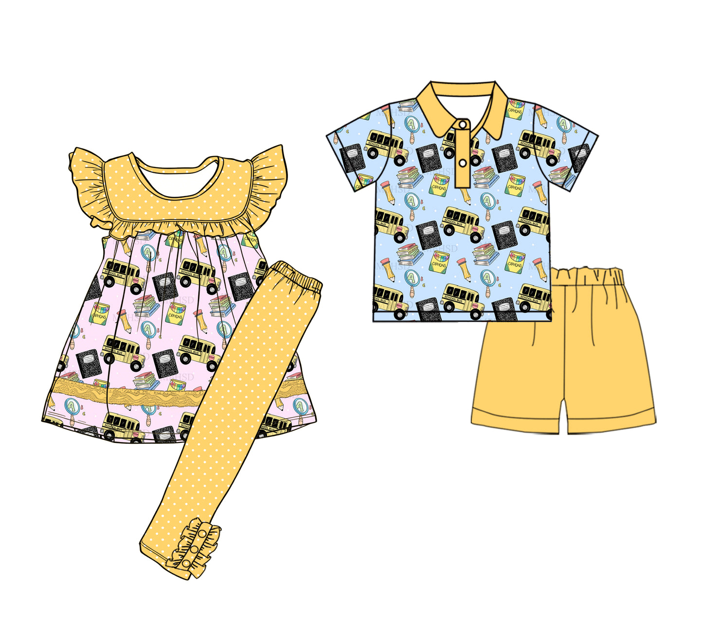 ( Moq 5 Each Style ) Sibling Baby Boys Girls Short Sleeves Bus Pencil Back to School Sets