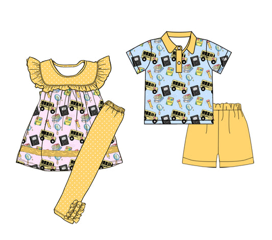 ( Moq 5 Each Style ) Sibling Baby Boys Girls Short Sleeves Bus Pencil Back to School Sets