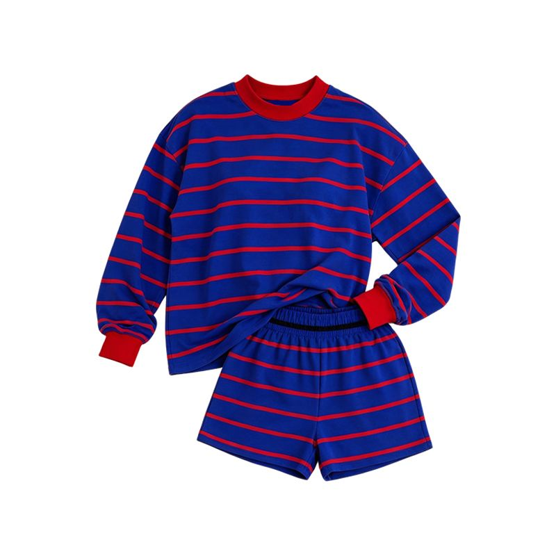 ( Moq 5 ) Preorder Adult Women Long Sleeves Shirt Red Stripes Shorts Yoga Active Blue Set