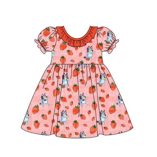 Baby Girl Short Sleeves Strawberry Dog Knee Length Dress Moq 5