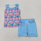 Baby Girl Sleeveless Flower Tops Blue Plaid Shorts Set RTS