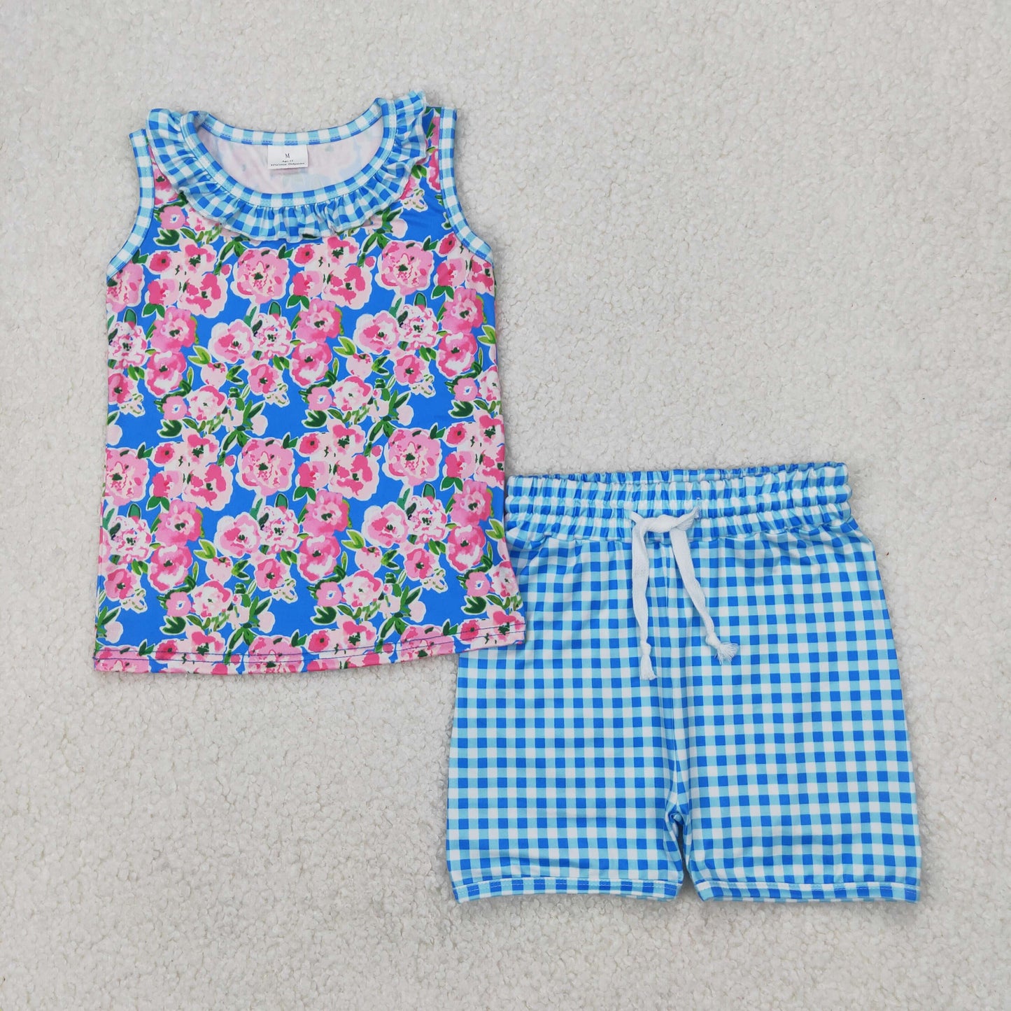 Baby Girl Sleeveless Flower Tops Blue Plaid Shorts Set RTS