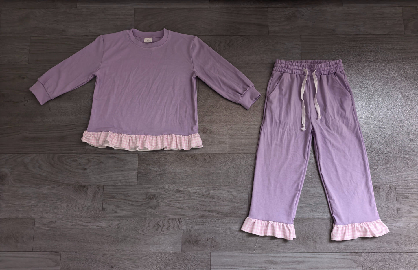 ( No moq ) Preorder Baby Girls Kids Long Sleeves Ruffle Shirt Pants Lavender Set Cotton Clothes