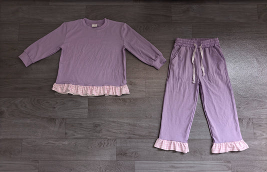 ( No moq ) Preorder Baby Girls Kids Long Sleeves Ruffle Shirt Pants Lavender Set Cotton Clothes