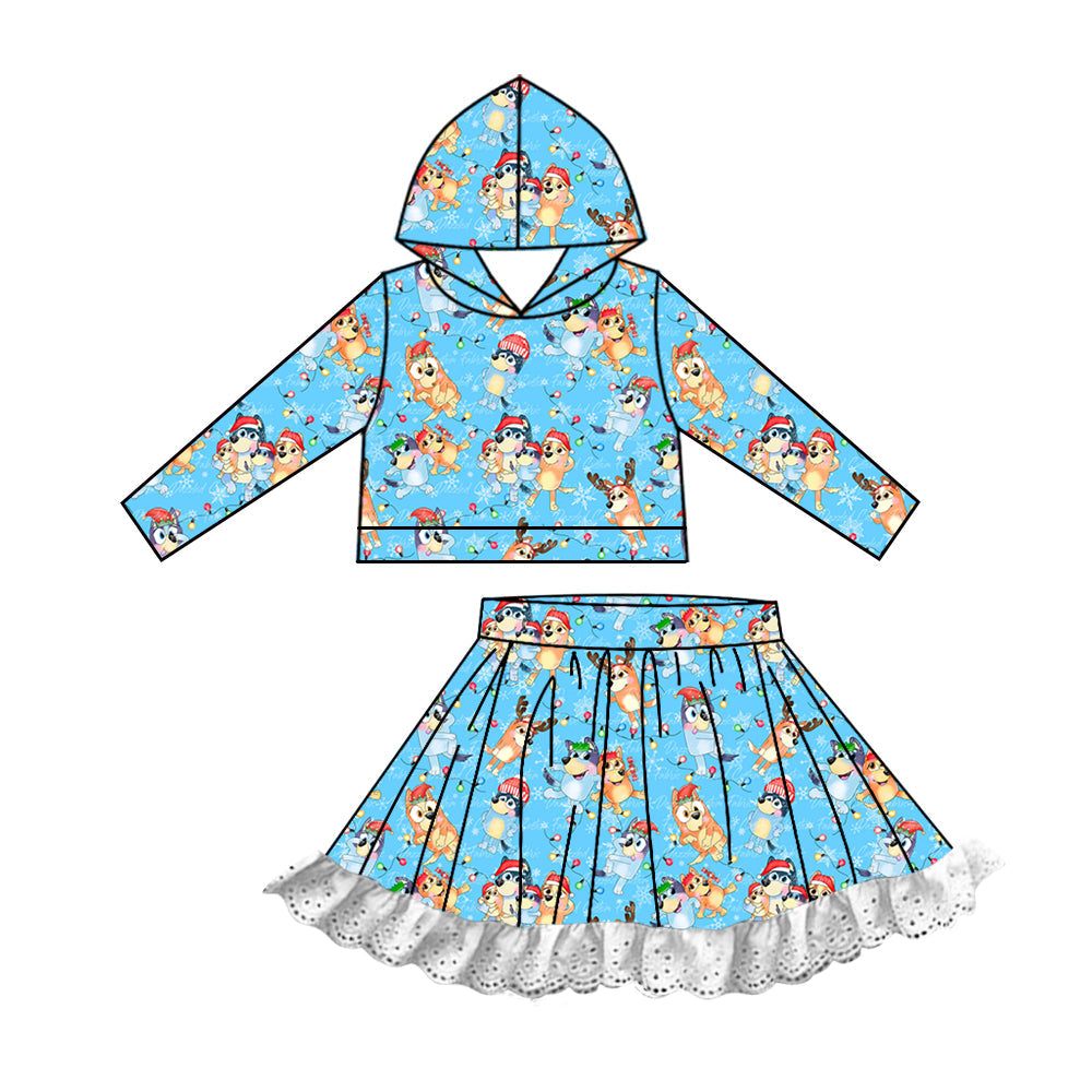 Baby Girl Christmas Dogs Hooded Tops Lace Skirts Clothes Set