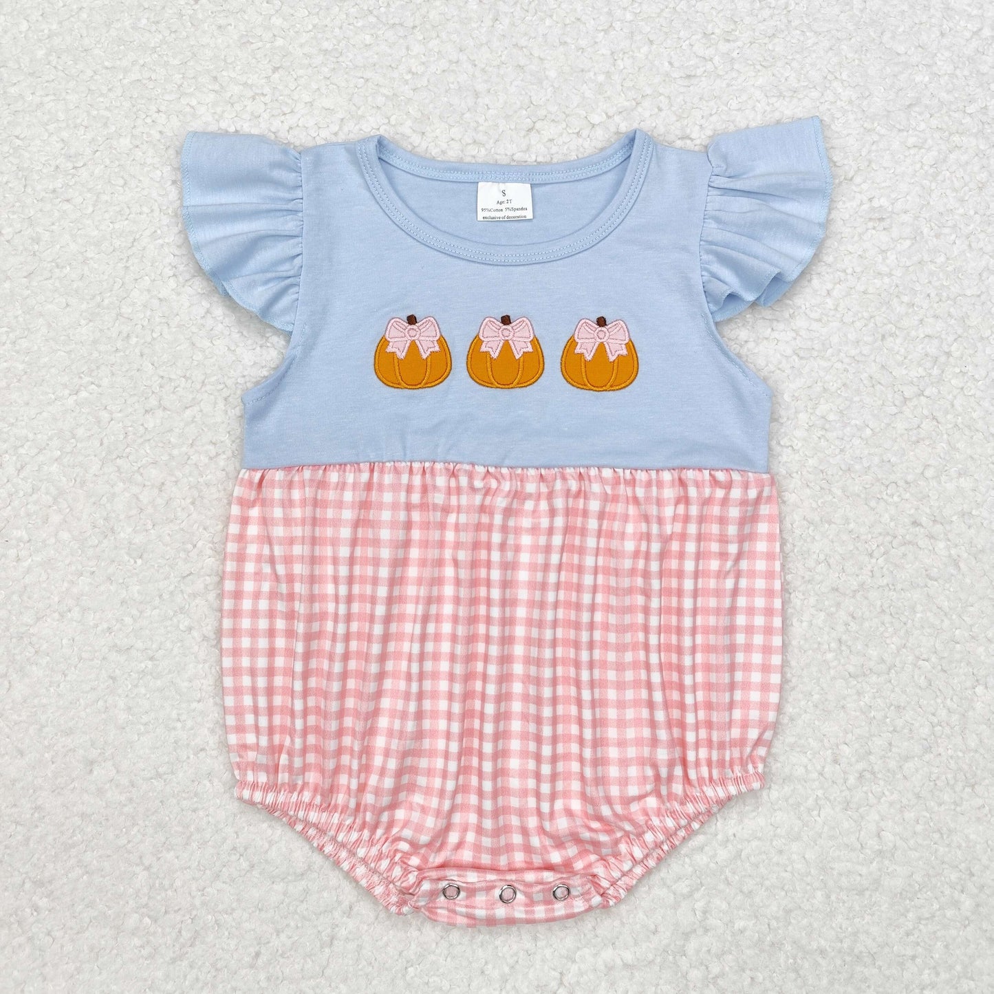 Baby Girl Short Sleeves Embroidery Pumpkin Plaid Bubble Romper