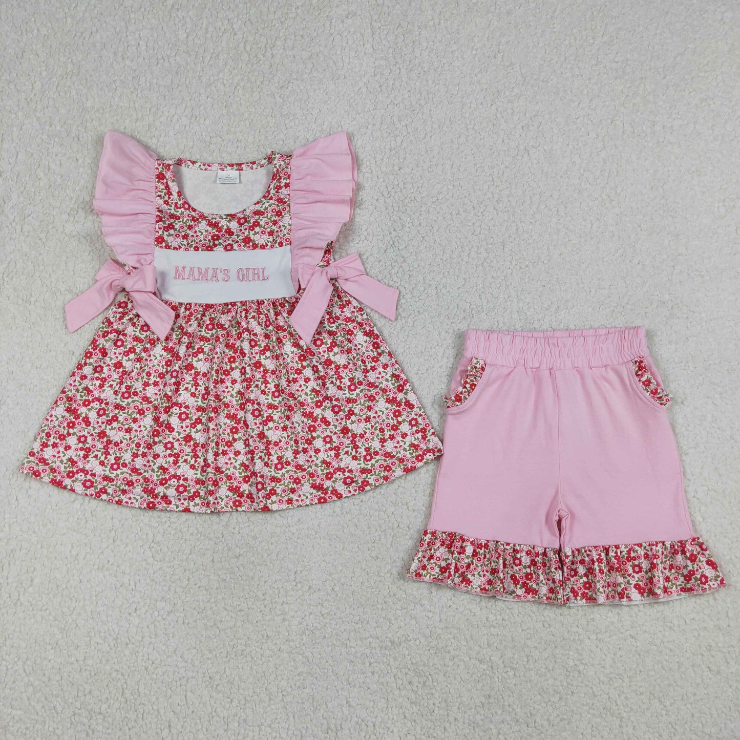 Baby Girls Kids Short Sleeves Mama's Girl Flower Tunic Pockets Pink Shorts Set RTS
