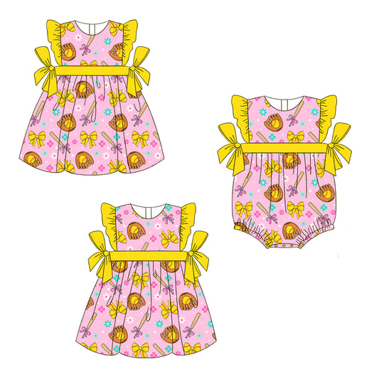 ( Moq 5 Each Style ) Sibling Baby Girls Kids Softball Flower Bows Romper Dress Set