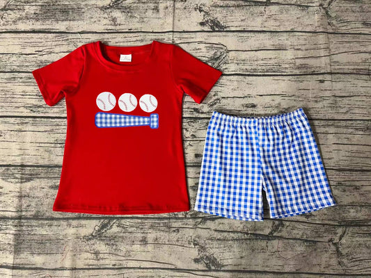 No moq Pre-order BSSO0388 Baby Boy Baseball Shirt Blue Plaid Shorts Summer Set