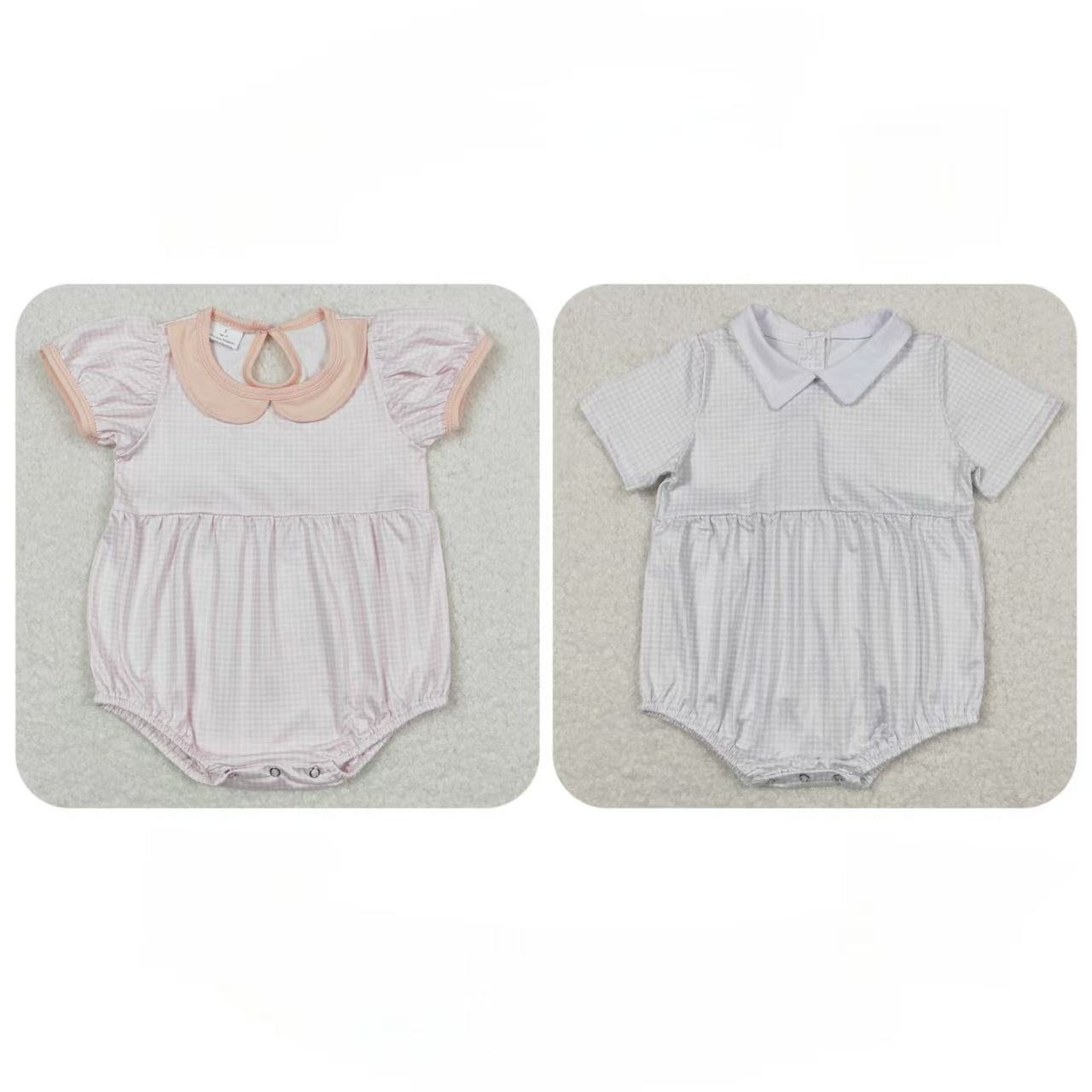 Baby Boy Girl Short Sleeves Plaid Buttons Bubble One Piece Sibling Summer Romper RTS