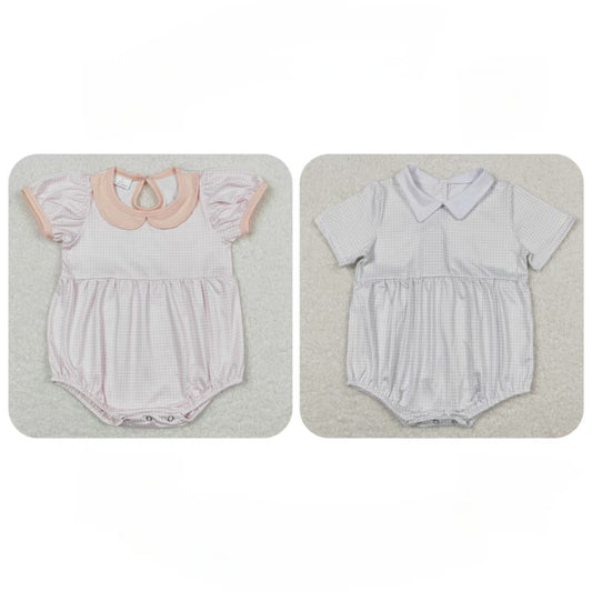 Baby Boy Girl Short Sleeves Plaid Buttons Bubble One Piece Sibling Summer Romper RTS