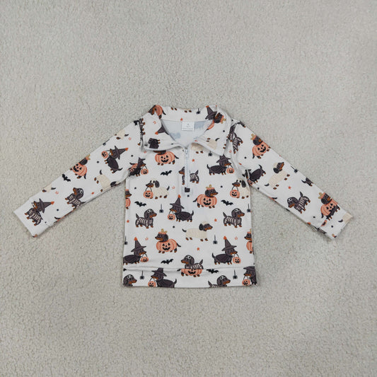 Toddler Kids Long Sleeves Dogs Pumpkins Halloween Pullover Zipper Shirt Clothes RTS