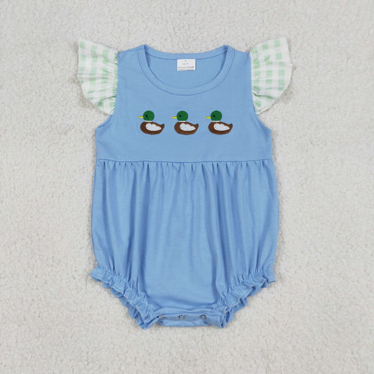 Baby Girls Kids Short Sleeves Embroidery Ducks Blue Bubble Romper RTS