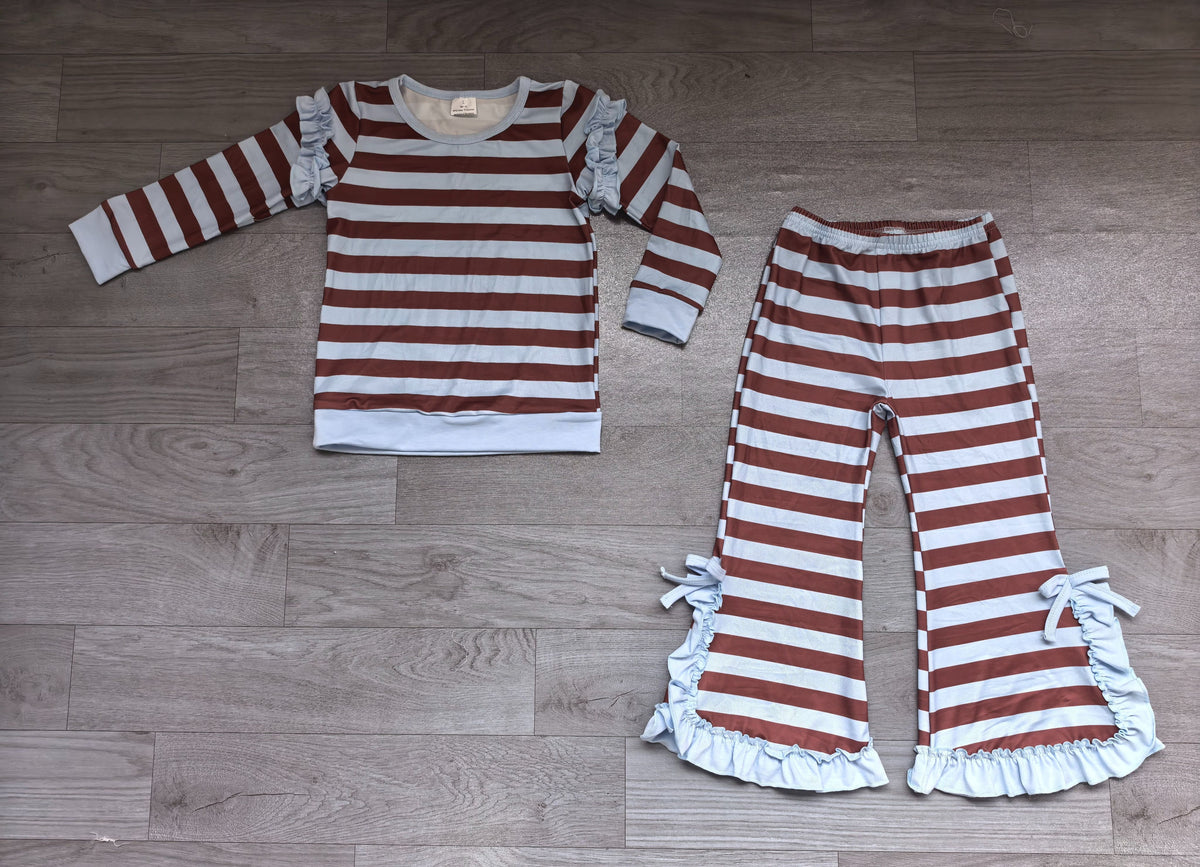 ( No moq ) Preorder Baby Girls Kids Long Sleeves Stripes Shirt Bows Ruffle Pants Set Clothes