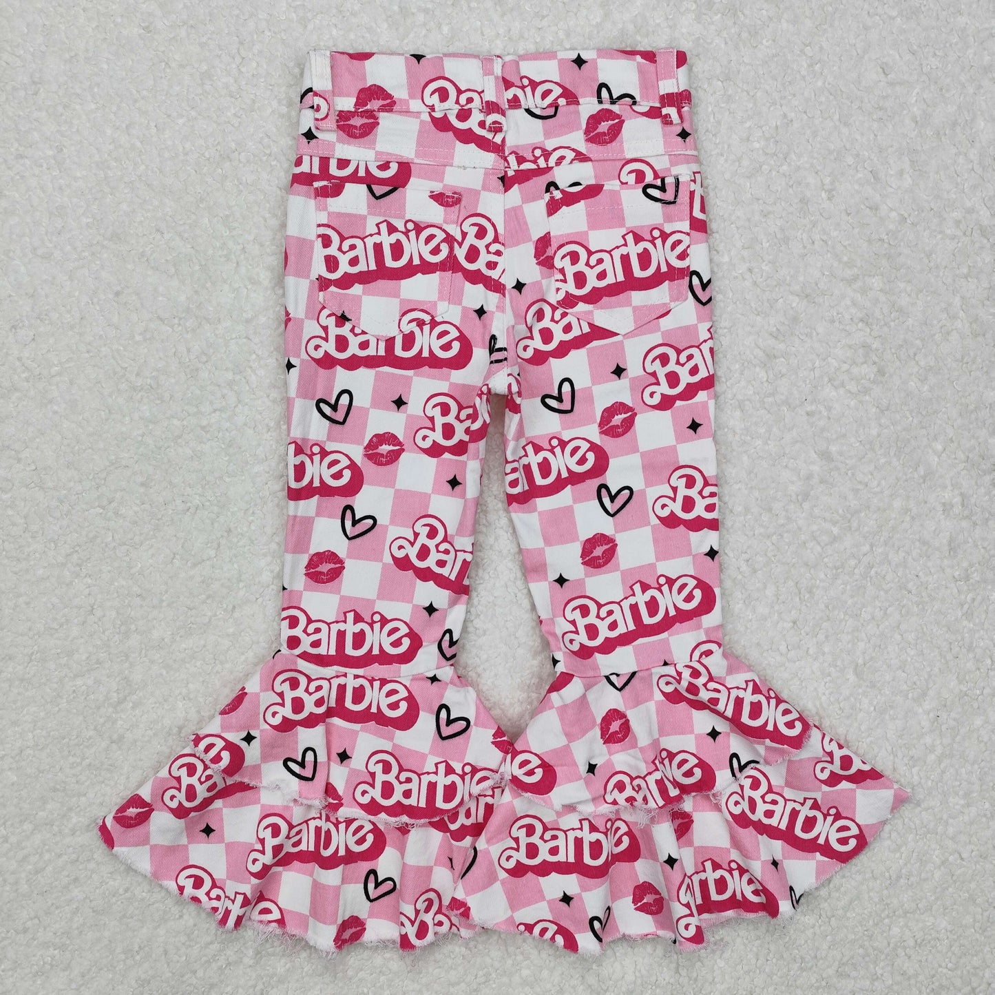 Baby Girl Valentines Checkered Hearts Pink Doll Denim Bell Pants