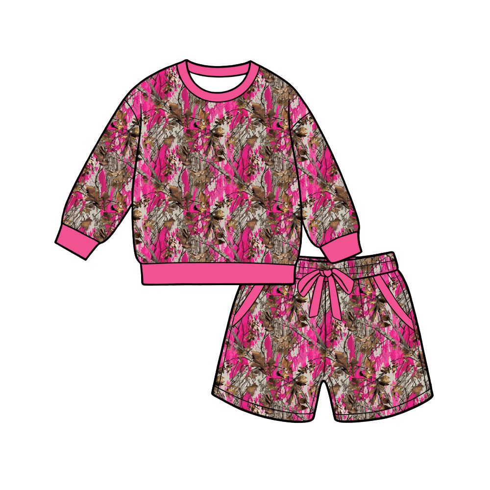 ( Moq 5 ) Preorder Adult Women Long Sleeves Leaves Shirt Pockets Shorts Camo Set Clothes
