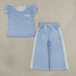 Baby Girl Kids Short Sleeves Pocket Shirt Dots Pants Blue Set Clothes RTS