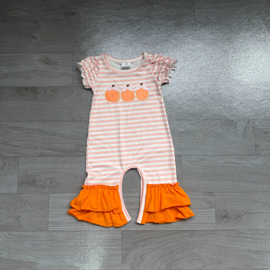 ( No moq ) Preorder Baby Girl Kids Embroidery Pumpkins Bows Stripes Romper Fall Clothes