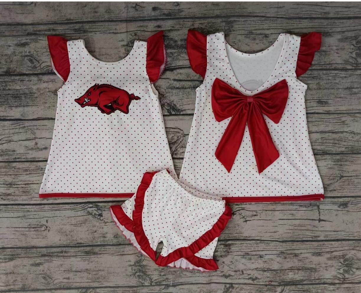 Moq 5 Baby Girl Short Sleeves Pig Bow Tops Ruffle Shorts Team Set