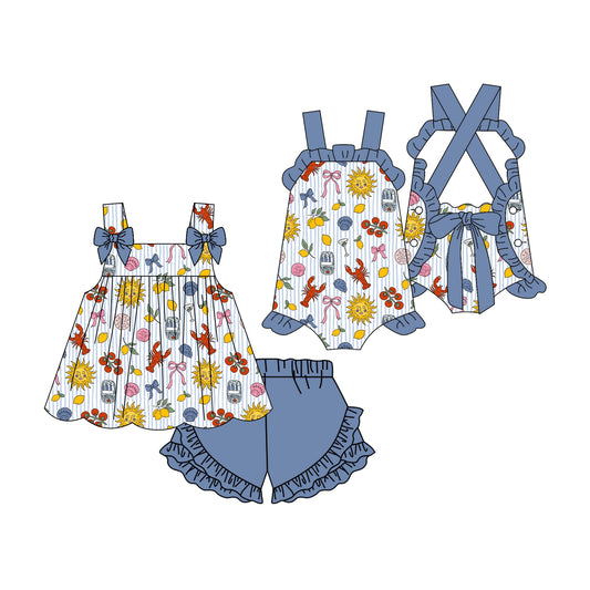 ( Moq 5 Each Style ) Sibling Baby Girls Kids Crawfish Bows Tops Shorts Summer Set Romper