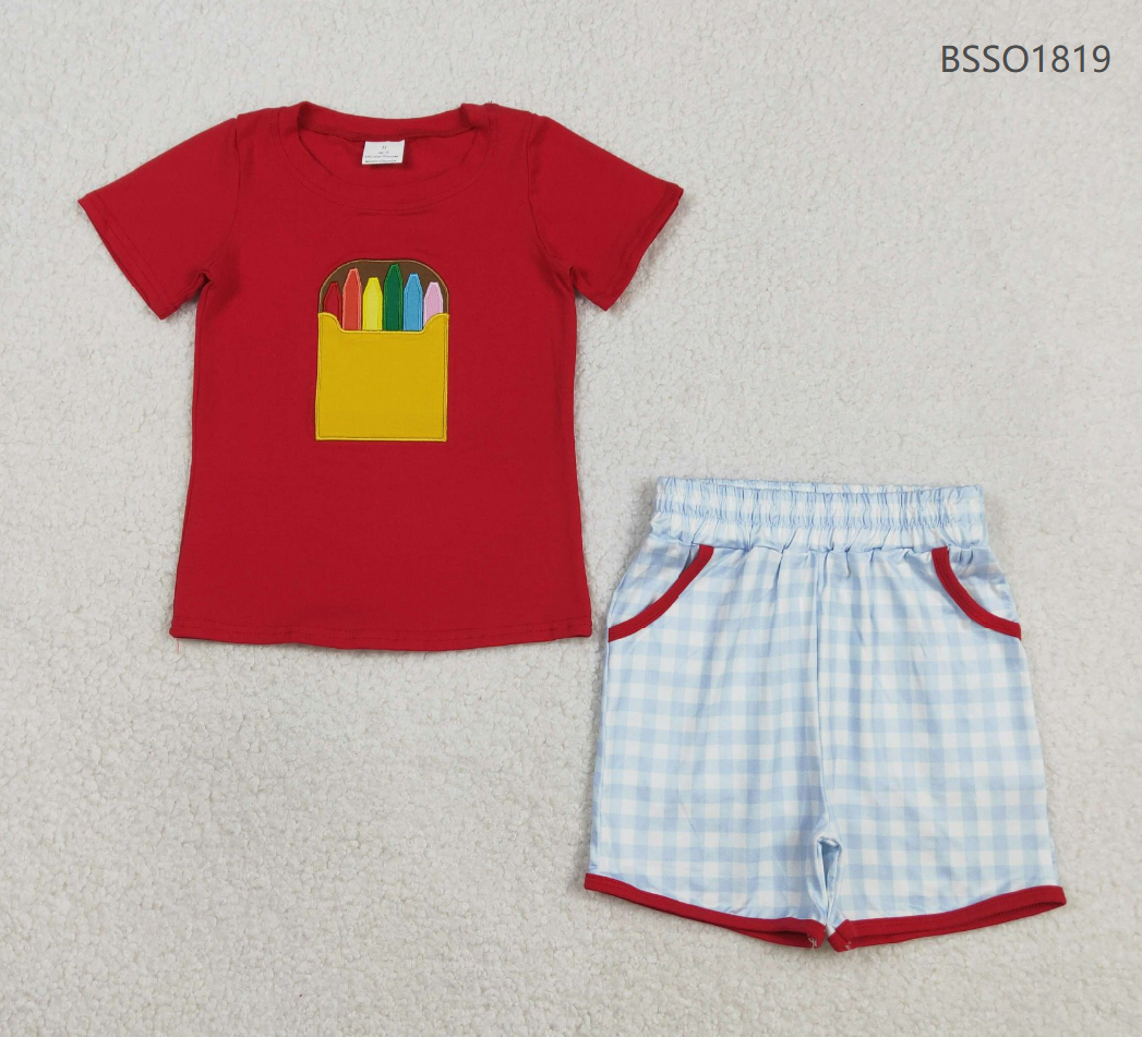 Sibling Baby Boys Girls Embroidery Pencil Plaid Tops Shorts Back to School Sets RTS