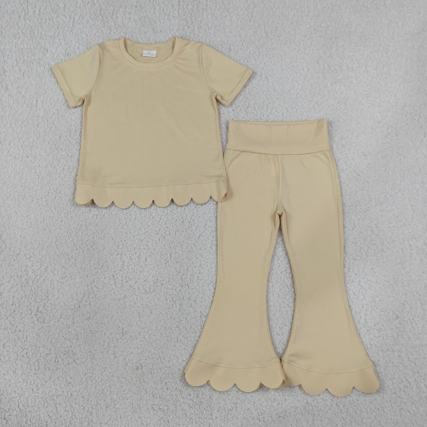 Baby Girls Kids Short Sleeves Cream Shirt Pants Scallop Set Cotton Clothes RTS