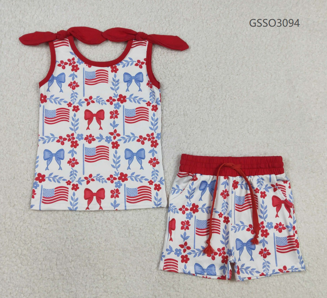 Baby Girls Kids Flags Bows Flowers Tops Pockets Shorts 4th of July Clothes Set RTS