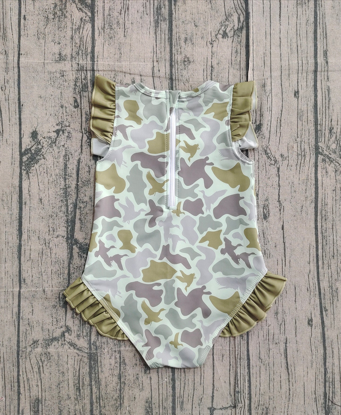 Baby Girls Kids Short Sleeves Ducks Camo Green Ruffle One-piece Swimsuit RTS