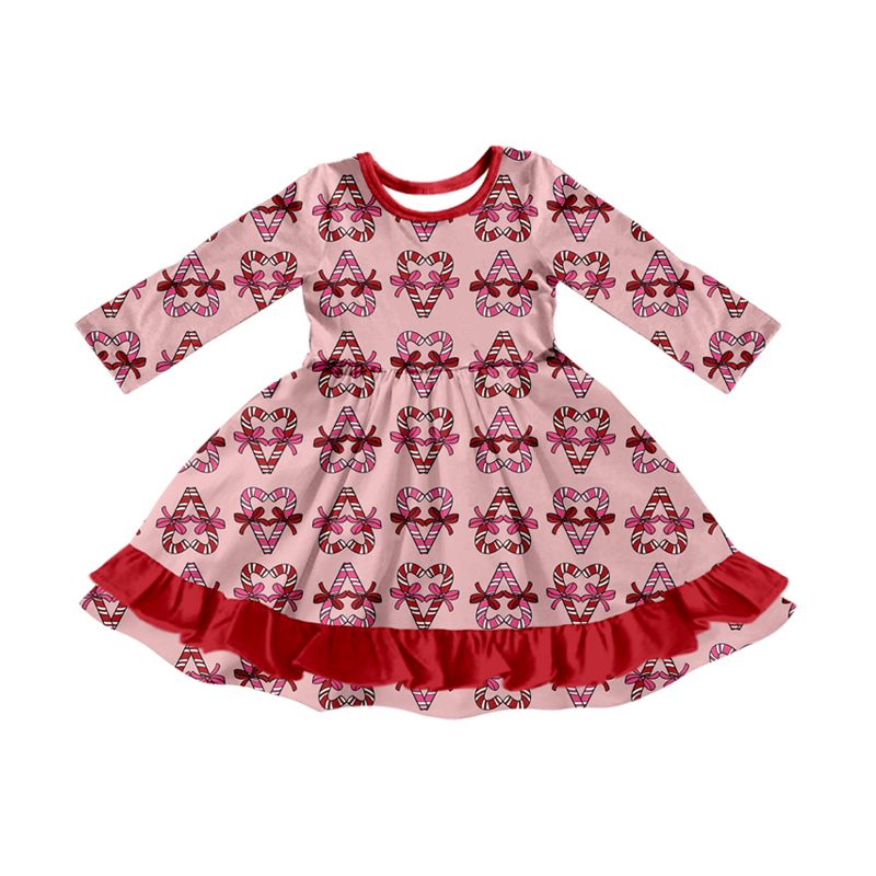 ( Moq 5 ) Preorder Baby Girls Kids Long Sleeves Christmas Candy Cane Bows Knee Length Dress
