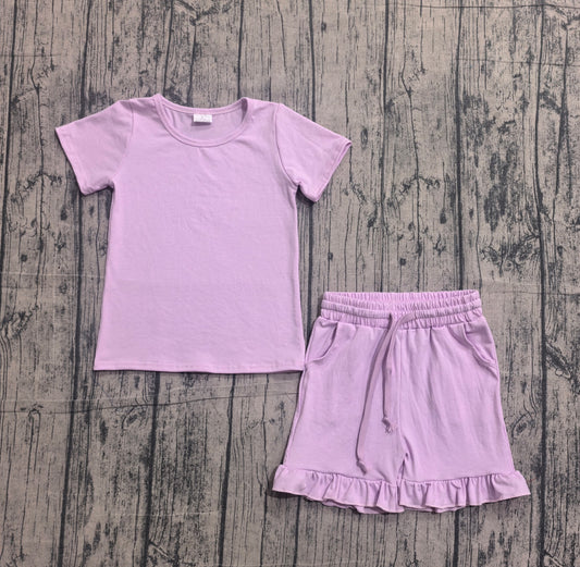 ( No moq ) Preorder Baby Girls Short Sleeves Lavender Tops Ruffle Shorts Summer Clothes Set